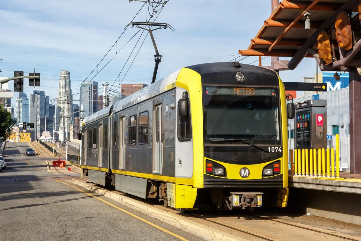 Metro Rail Gold Line light rail train at the Pico Aliso stop in Los Angeles, California