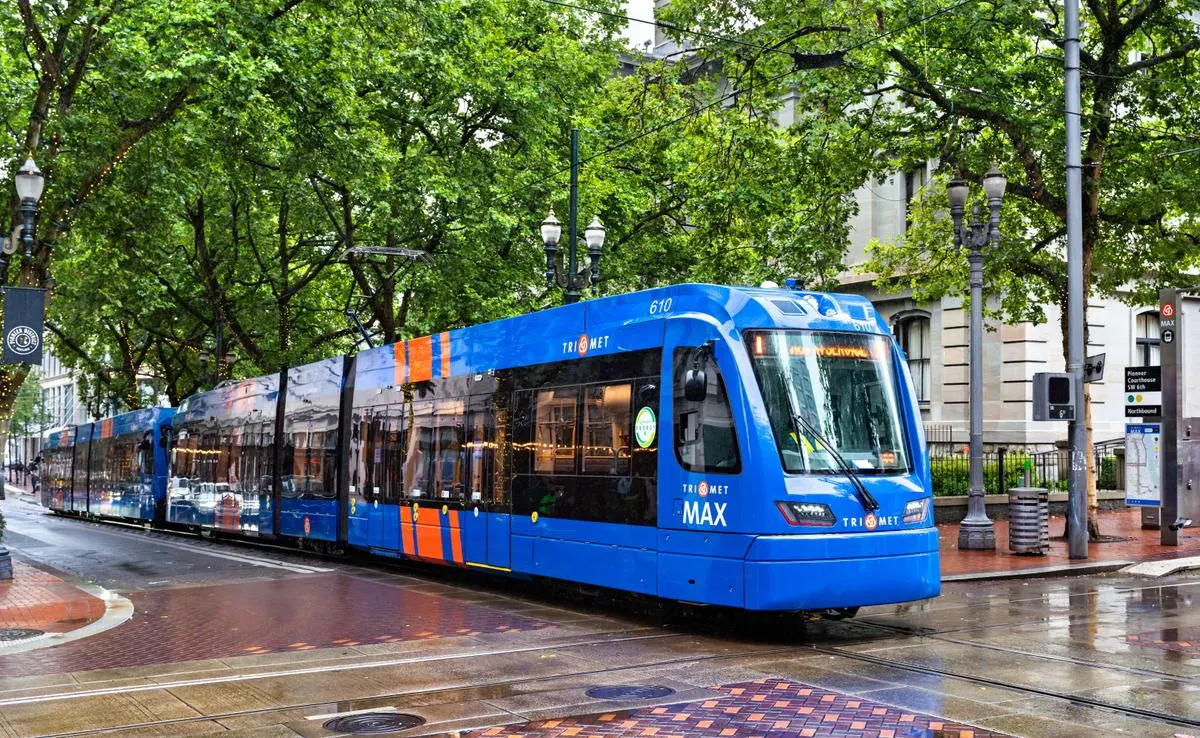 TriMet MAX light rail train at Pioneer Courthouse Station in downtown Portland, Oregon
